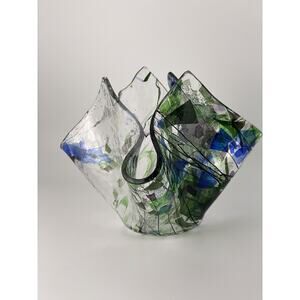 Studio Art Fused Glass Hankerchief Vase/Votive Candle Holder Art Glass 5”x7”